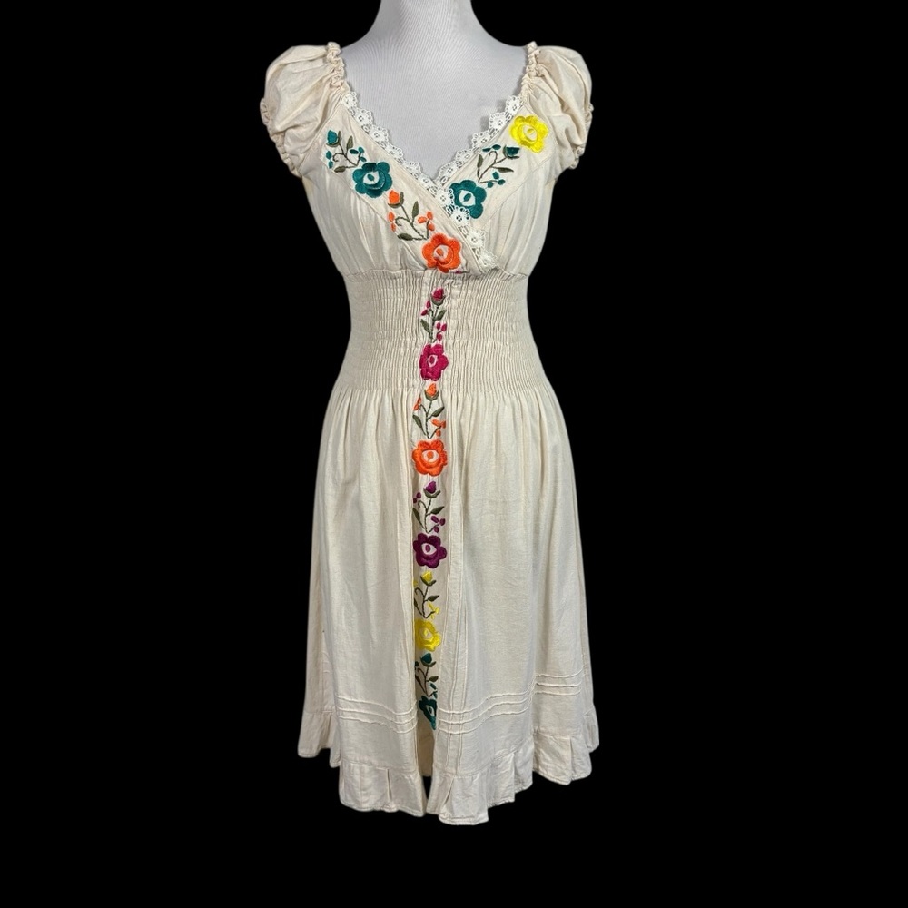 Vintage Soler Cream Midi Dress Hand Embroidered Fiesta Sundress Size S/M